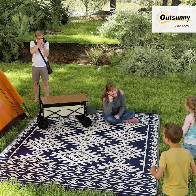 Outsunny Outdoor Rug for Patio, 9' x 12' Waterproof Large Mat, Reversible Plastic Straw Rug for Decor, Portable Outside RV Camping Area Carpet Mat for Backyard Porch Deck Picnic, Blue & White Rhombus