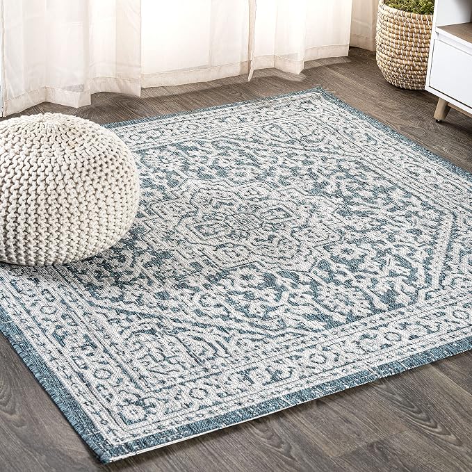 JONATHAN Y Medallion Weave Indoor Outdoor Square Area Rug 9X9 Teal Blue/Gray, Sinjuri Textured for Backyard, Patio, Porch, Easy-Cleaning, High Traffic, Pet-Friendly, Non-Shedding (SMB101C-9SQ)