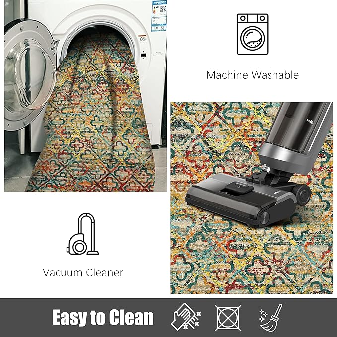 Washable Area Rugs, 8' x 10' - 1/6 Thick - Stain & Water Resistant Non-Slip - Perfect Resistant Rug for Living Room, Bedroom, Nursery, Pet & Child Friendly, Vibrant Colors Rugs, Multicolor