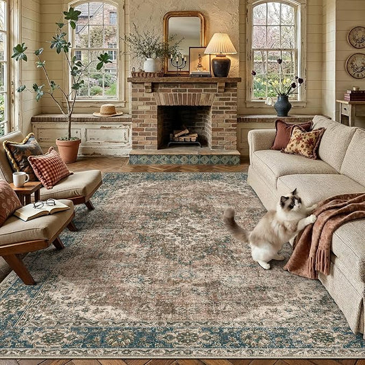 HUGEAR Area Rug 6x9 Machine Washable Living Room Rugs Blue Brown Distressed Vintage Floral Low Pile Carpet Bedroom Office Dining Room Laundry Room Non Slip Soft Lightweight