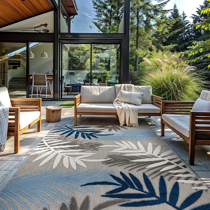 Rugshop Indoor/Outdoor Palm Leaf Area Rug, Non-Shedding Easy-Care Design for Backyard, Deck and Outdoor Lounge, Blue, 12' X 15'