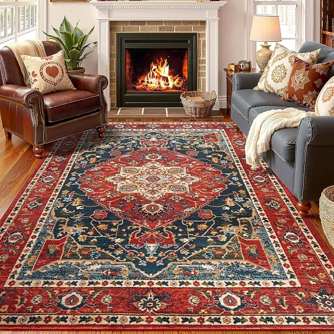 YJ.GWL Area Rugs for Living Room 5x7 Machine Washable Rugs, Non Slip Floral Vintage Rug Indoor Carpet, Stain Resistant Large Rug for Bedroom Dining Room, Orange-Red