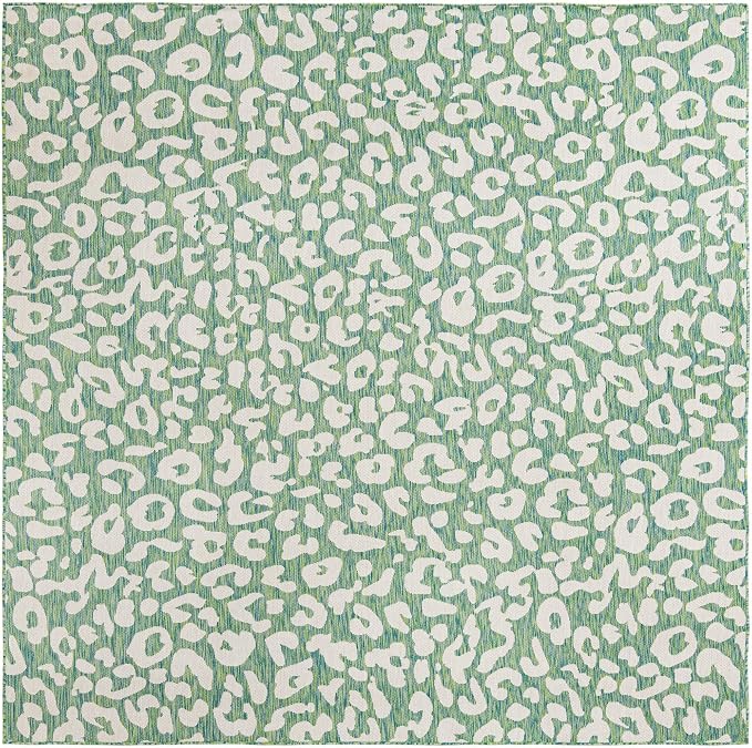 Unique Loom Outdoor Safari Collection Area Rug - Leopard (13' Square, Green Blue/ Ivory)