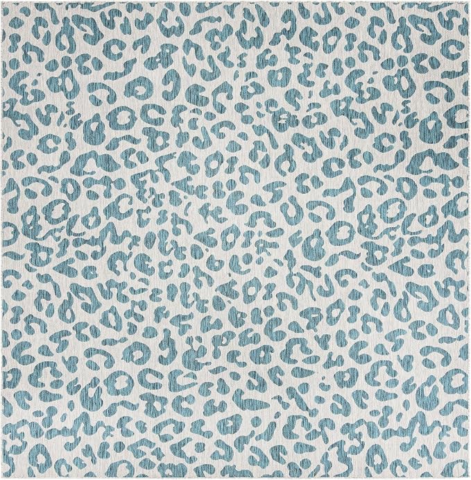 Unique Loom Outdoor Safari Collection Area Rug - Leopard (10' 8" Square, Teal/ Ivory)