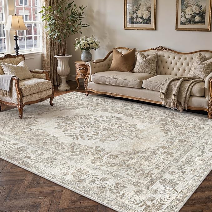 5x8 Washable Area Rug Living Room Cream Beige Vintage Carpet | Soft Low Pile, Non Slip, Stain Resistant, Floral Medallion, Neutral Retro Decor for Bedroom, Dining Room, Kids Room, Office