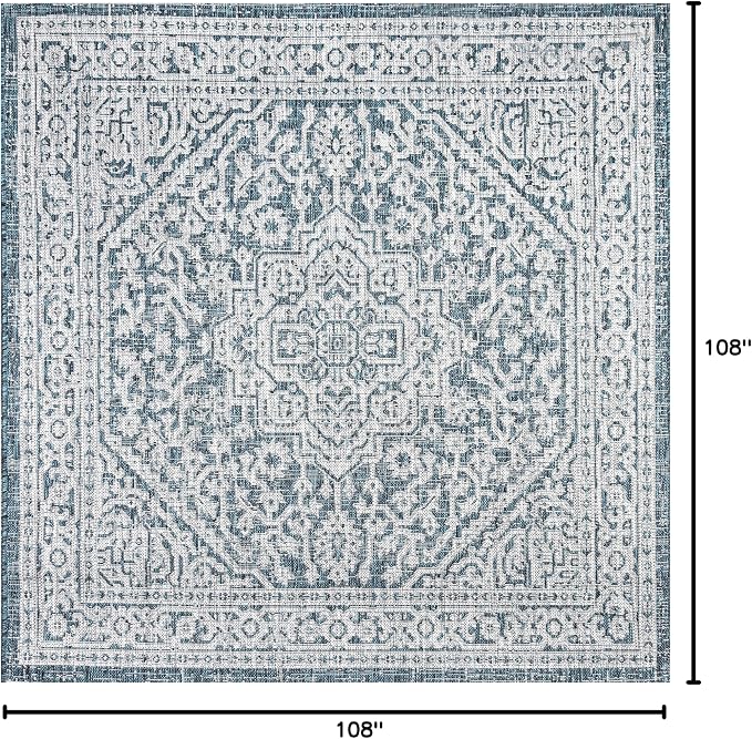 JONATHAN Y Medallion Weave Indoor Outdoor Square Area Rug 9X9 Teal Blue/Gray, Sinjuri Textured for Backyard, Patio, Porch, Easy-Cleaning, High Traffic, Pet-Friendly, Non-Shedding (SMB101C-9SQ)