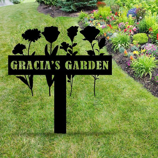 Personalized Flowers Garden Sign with Stakes, Customized Metal Sign for Outdoor, Custom Flowers Metal Garden Decor, Sign for Flower Beds, Metal Yard Art, Patio Garden Decorations, Housewarming Gift