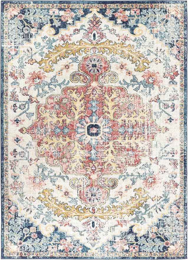 Livabliss Area Rugs - 5x7 Odelia Vintage Boho Aqua Burgandy Blue Area Rug for Living Room Bedroom - Floral Medallion Stain Resistant Carpet for Kitchen, Nursery, Office (5'3" x 7'3")