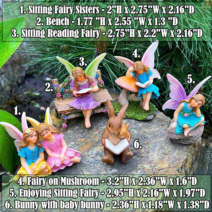 Mood Lab Fairy Garden Figurines - Reading Fairies Set (6 pcs) - Miniature Decorative Statues & Accessories - Outdoor & Indoor Garden Decor