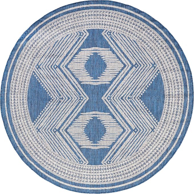 Nuloom Ranya Blue/Ivory, 6'7" Round, Tribal Geometric, Soft and Cozy, High Traffic, Stain Resistant, Easy Clean, Durable Area Rug for Indoor/Outdoor Patio, Deck, Porch, Garden, Courtyard