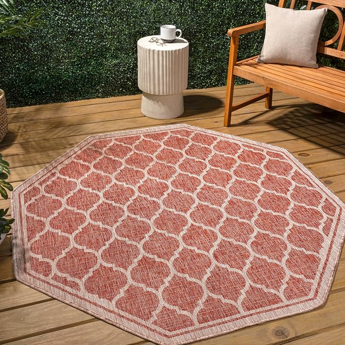 JONATHAN Y Moroccan Trellis Indoor Outdoor Octagon Area Rug 5 Ft Red/Beige, Trebol Textured Weave for Backyard, Patio, Porch, Easy-Cleaning, High Traffic, Pet-Friendly, Non-Shedding (SMB109C-5TGN)