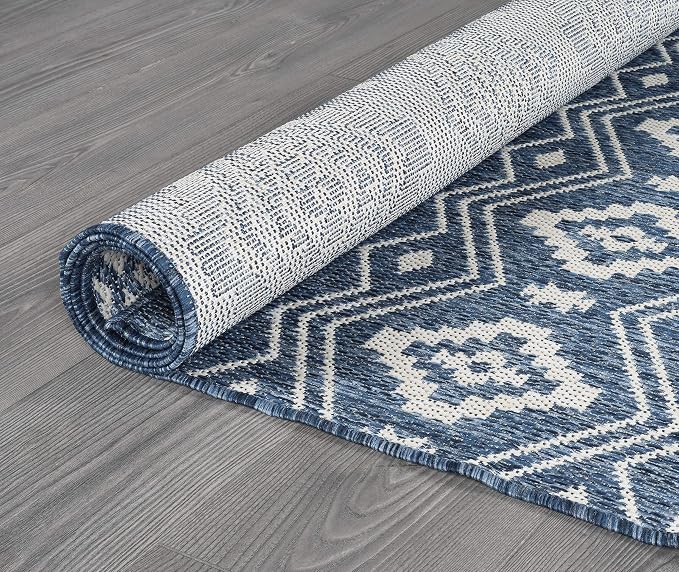 Beverly Rug Waikiki Boho Indoor Outdoor Rug 10x14, Washable Outside Carpet for Patio, Deck, Porch, Bohemian Area Rug, Farmhouse Rugs, Aztec Tribal Rug, Azure and White