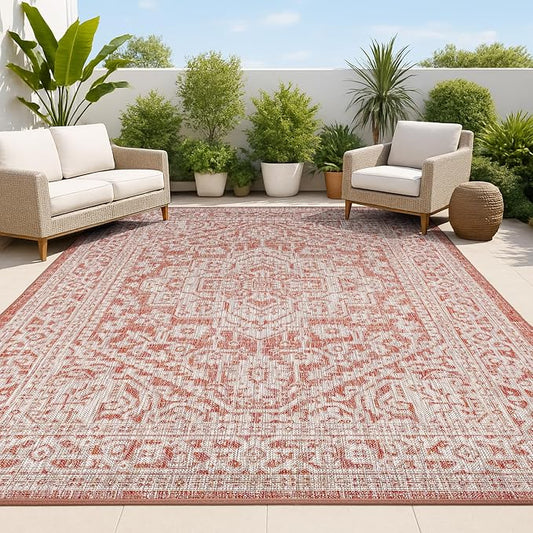 JONATHAN Y Medallion Weave Indoor Outdoor Area Rug 3X5 Red/Taupe, Sinjuri Textured for Backyard, Patio, Porch, Easy-Cleaning, High Traffic, Pet-Friendly, Non-Shedding (SMB101A-3)