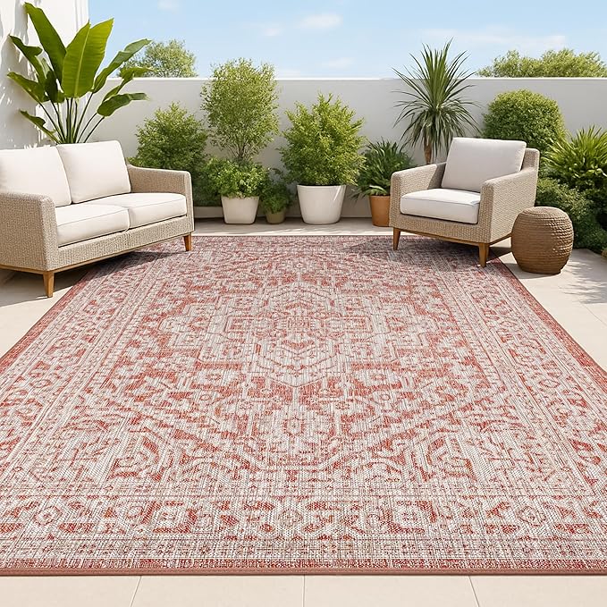 JONATHAN Y Medallion Weave Indoor Outdoor Area Rug 6X9 Red/Taupe, Sinjuri Textured for Backyard, Patio, Porch, Easy-Cleaning, High Traffic, Pet-Friendly, Non-Shedding (SMB101A-6)