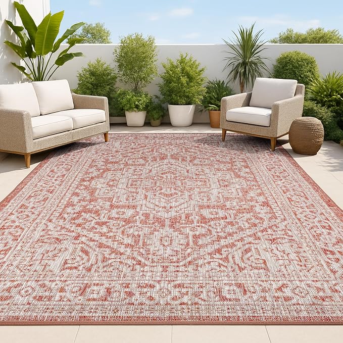 JONATHAN Y Medallion Weave Indoor Outdoor Area Rug 9X12 Red/Taupe, Sinjuri Textured for Backyard, Patio, Porch, Easy-Cleaning, High Traffic, Pet-Friendly, Non-Shedding (SMB101A-9)