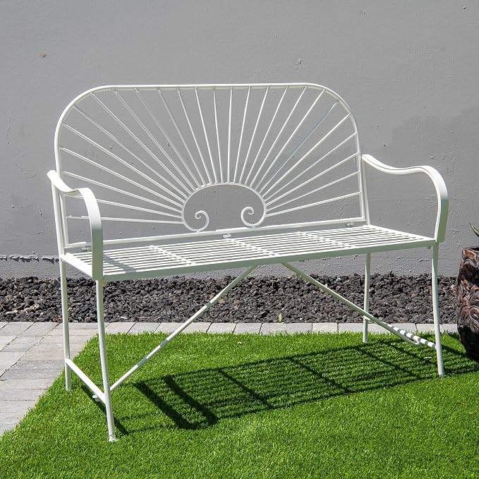 XBrand 44" L Iron Sun-Patterned Seat for Two, Patio & Porch Furniture for Park, Yard, Lawn, Balcony, Backyard – White