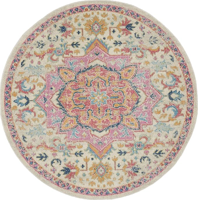 Nourison Home Passion Ivory Pink 5' x Round Area Rug - Easy Clean, Non Shedding, Bed Room, Living Room, Dining Room, Kitchen (5' x Round)