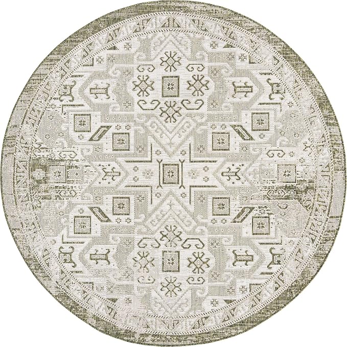 Unique Loom Outdoor Aztec Collection Area Rug - Coba (7' 10" Round, Green/ Ivory)