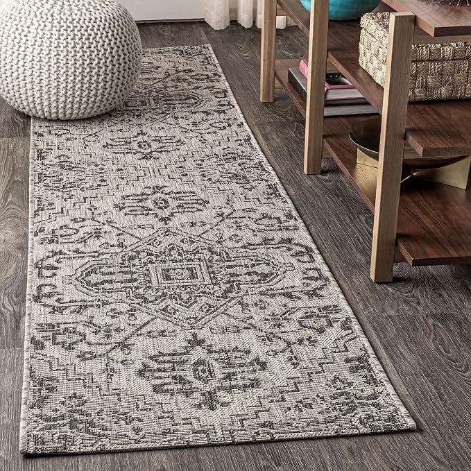 JONATHAN Y Boho Medallion Indoor Outdoor Runner Rug 2X10 Black/Gray, Estrella Textured Weave for Backyard, Patio, Porch, Easy-Cleaning, High Traffic, Pet-Friendly, Non-Shedding (SMB105D-210)