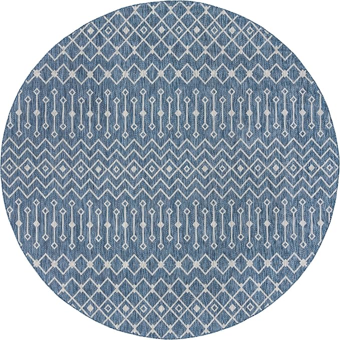 Unique Loom Outdoor Trellis Collection Area Rug - Tribal Trellis (12' Round, Blue/ Ivory)