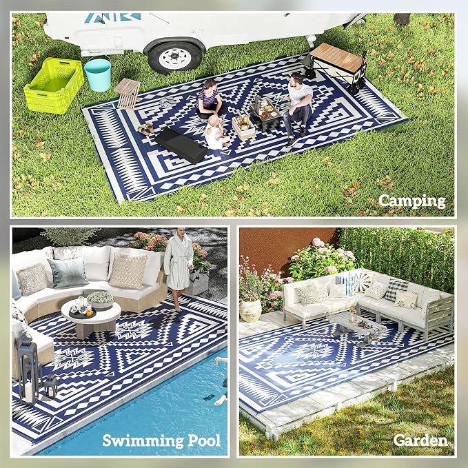 Outsunny Outdoor Rug for Patio, 9' x 18' Waterproof Large Mat, Reversible Plastic Straw Rug for Decor, Portable Outside RV Camping Area Carpet Mat for Backyard Porch Deck Picnic, Blue & White Square