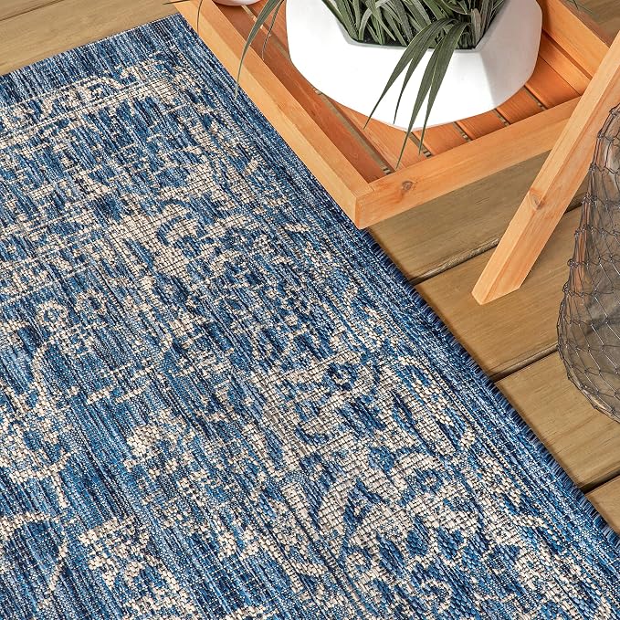 JONATHAN Y Weave Floral Indoor Outdoor Square Area Rug 3X3 Navy/Gray, Tela Bohemian Textured for Backyard, Patio, Porch, Easy-Cleaning, High Traffic, Pet-Friendly, Non-Shedding (SMB100B-3SQ)