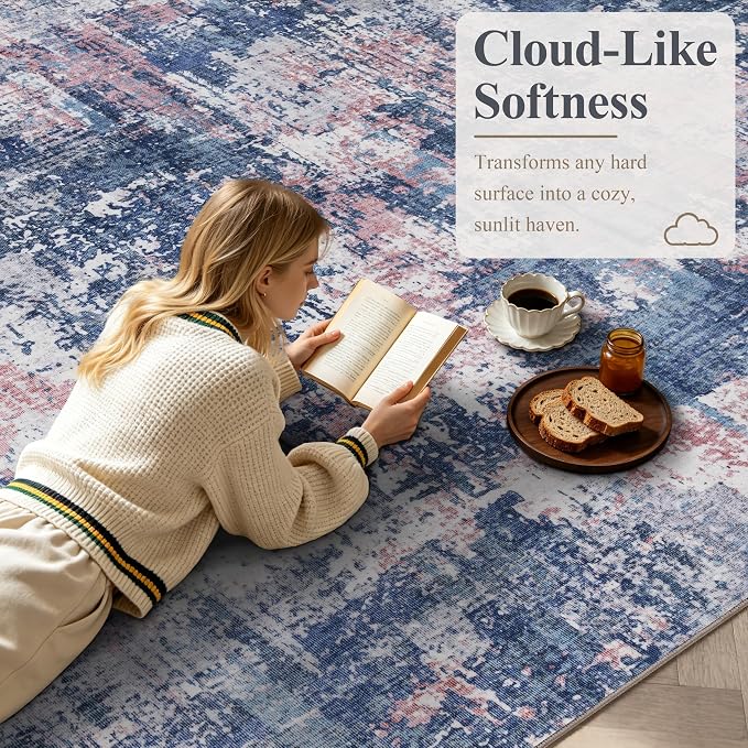 Sasttie 2x3 Entryway Area Rug, Modern Abstract Small Carpet, Pink & Blue | Machine Washable, Ultra-Soft Faux Wool, Non-Slip, Low Pile, Thin, for Entrance, Door-Mat, High-Traffic Areas