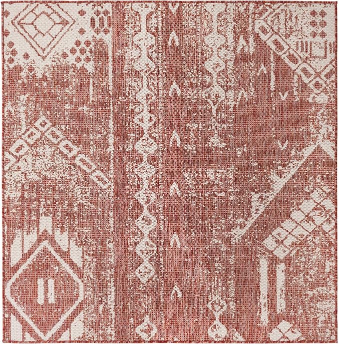 Unique Loom Outdoor Bohemian Collection Area Rug - Anthro (5' 3" Square, Rust Red/ Ivory)