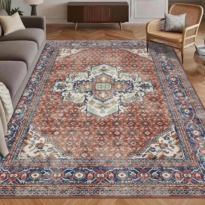 Washable Area Rug 3' x 5 ' Vintage Traditional Persian Mat - Foldable Distressed Non-Slip Machine Washable Carpet for Living Room Bedroom Kitchen Home Decor - Terracotta and Navy