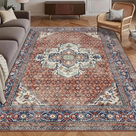 Washable Area Rug 4' x 6' Vintage Traditional Persian Mat - Foldable Distressed Non-Slip Machine Washable Carpet for Living Room Bedroom Kitchen Home Decor - Terracotta and Navy
