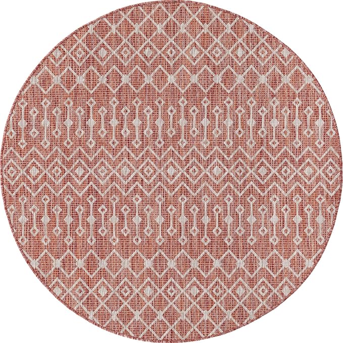 Unique Loom Outdoor Trellis Collection Area Rug - Tribal Trellis (5' 3" Round, Rust Red/ Ivory)