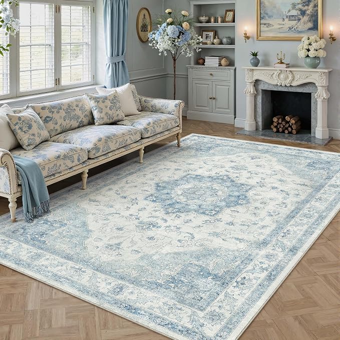 Blue 8x10 Washable Area Rug Living Room Vintage Oriental Carpet | Soft Low Pile, Non Slip, Stain Resistant, Floral Medallion, Neutral Retro Decor for Bedroom, Dining Room, Kids Room, Office