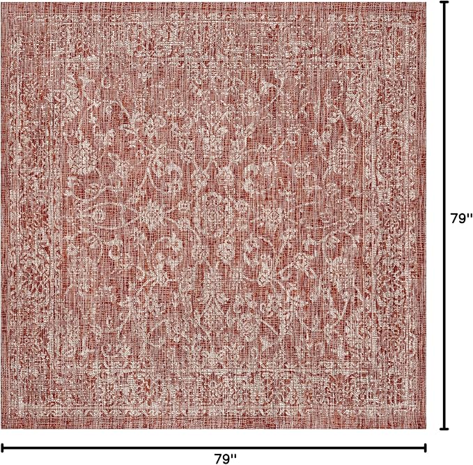JONATHAN Y Weave Floral Indoor Outdoor Square Area Rug 6X6 Red/Taupe, Tela Bohemian Textured for Backyard, Patio, Porch, Easy-Cleaning, High Traffic, Pet-Friendly, Non-Shedding (SMB100A-6SQ)