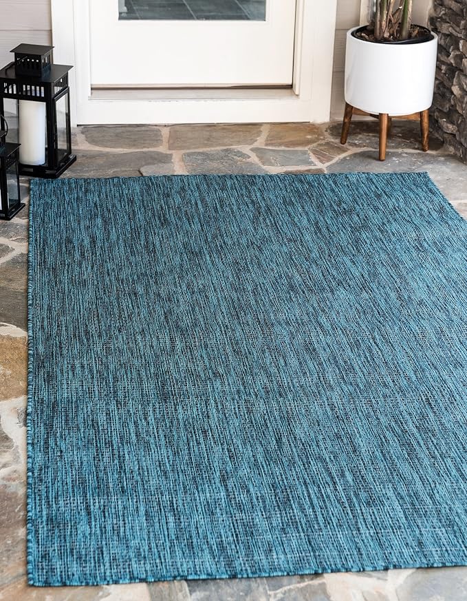 Unique Loom Collection Casual Transitional Solid Heathered Indoor/Outdoor Flatweave Area Rug (5' 3" x 8' Rectangle, Teal/Navy Blue)