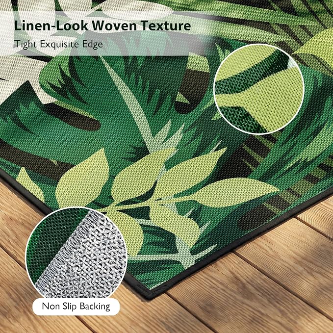 Arenarug 9x12 Monstera Tropical Outdoor Rug – Waterproof Non-Slip Machine Washable Patio Rug, UV & Stain Resistant Outdoor Carpet for Patio Deck Balcony Backyard, Dark Green
