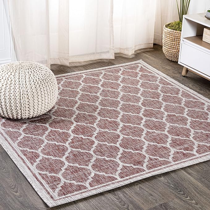 JONATHAN Y Moroccan Trellis Indoor Outdoor Square Area Rug 9X9 Red/Beige, Trebol Textured Weave for Backyard, Patio, Porch, Easy-Cleaning, High Traffic, Pet-Friendly, Non-Shedding (SMB109C-9SQ)