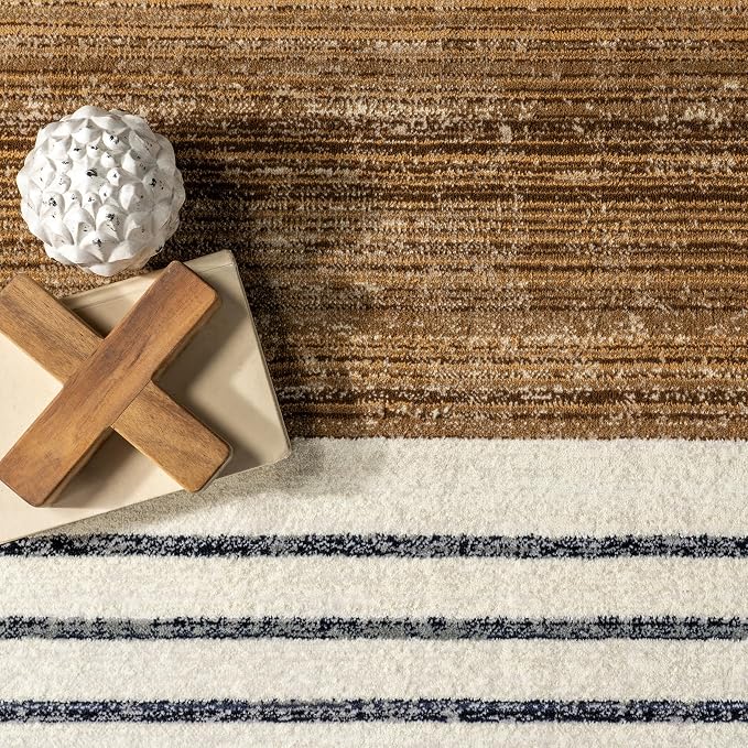 nuLOOM Keeva Beige Striped Power Loomed Area Rug, 7' x 10' | nuLOOM 7' x 10' Fringed Performance Indoor Area Rug, Power Loomed, Easy Clean, Durable, Non-Shed, Beige