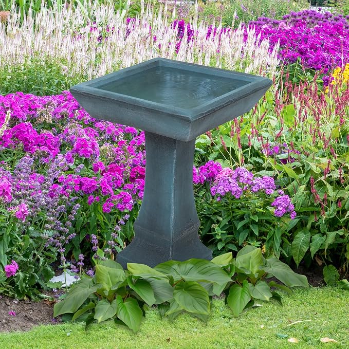 Sunnydaze 23” H Concrete Bird Bath for Outdoors - Simply Square Garden Bird Bath with Glass Fiber Reinforced Concrete Construction - Patina Green