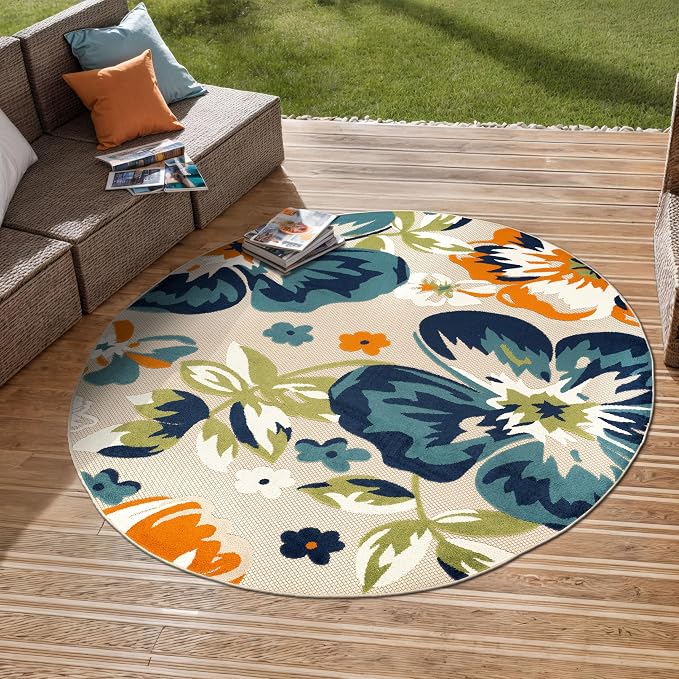 Rugshop Multi Bergamo Floral Indoor/Outdoor Round Area Rug Machine Washable for Patio, Deck and Seating Area, 8' Round