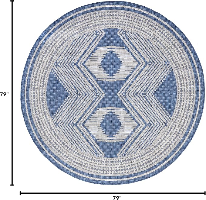 Nuloom Ranya Blue/Ivory, 6'7" Round, Tribal Geometric, Soft and Cozy, High Traffic, Stain Resistant, Easy Clean, Durable Area Rug for Indoor/Outdoor Patio, Deck, Porch, Garden, Courtyard