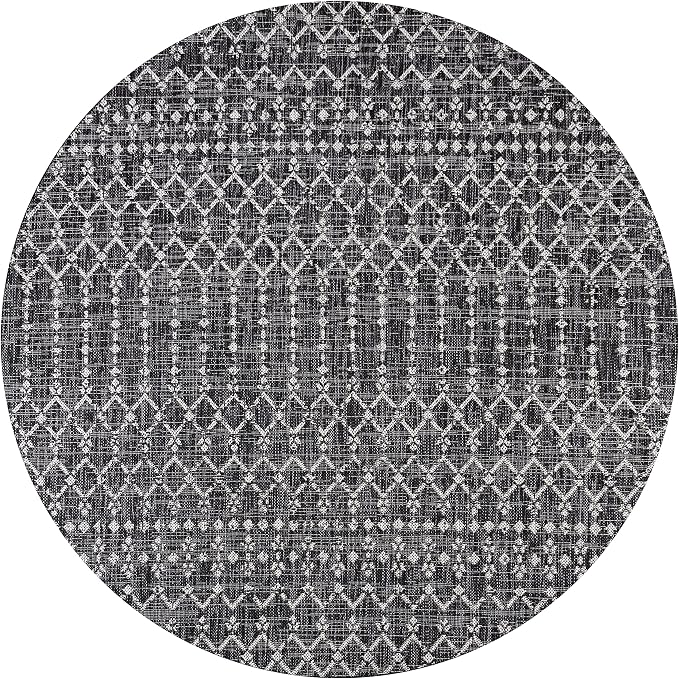 JONATHAN Y Moroccan Geometric Indoor Outdoor Round Area Rug 9 Ft Black/Gray, Ourika Textured Weave for Backyard, Patio, Porch, Easy-Cleaning, High Traffic, Pet-Friendly, Non-Shedding (SMB108F-9R)