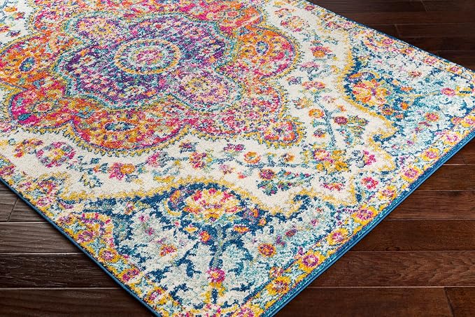 Livabliss Area Rugs - 7x7 Romaine Vintage Boho Fuchsia Mustard Blue Square Area Rug for Living Room Bedroom - Floral Medallion Stain Resistant Carpet for Kitchen, Nursery, Office (6'7" Square)