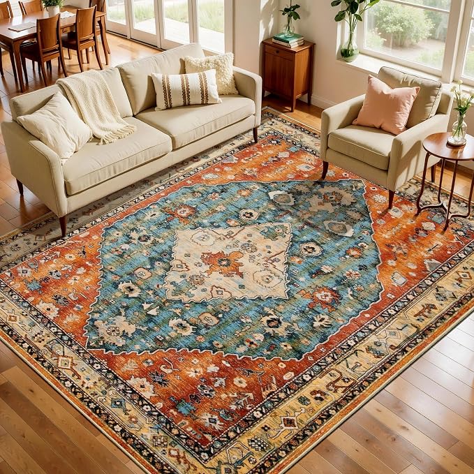 SERISSA 5x8 Washable Non Slip Boho Area Rug for Living Room | Ultra Soft Vintage Oriental Carpet Low-Pile Distressed Tribal Floor Carpet for Bedroom Dining Room Dorm Office Home Decor