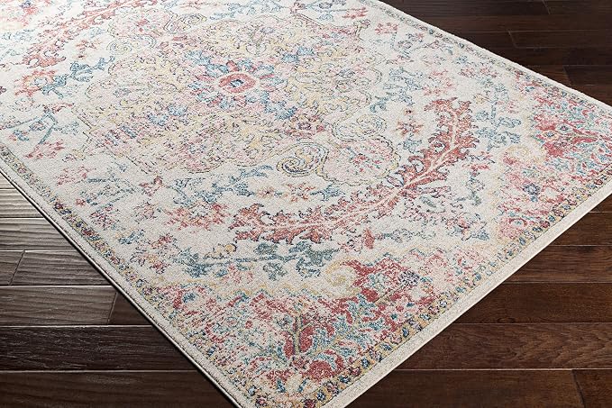 Livabliss Area Rugs - 8x10 Odelia Vintage Boho Red Off-White Blue Area Rug for Living Room Bedroom - Floral Medallion Stain Resistant Carpet for Kitchen, Nursery, Office (7'10" x 10')