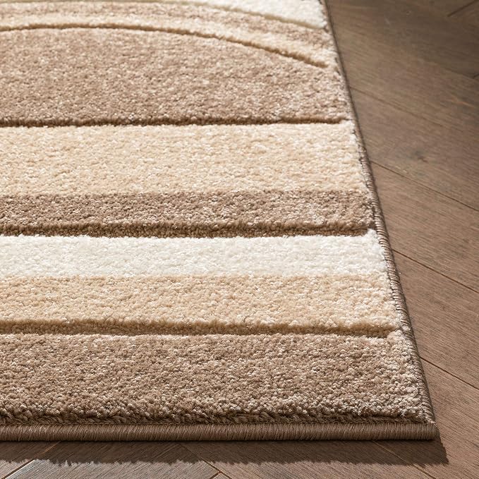 Well Woven Ruby Echo Shapes & Circles Geometric Ivory and Beige 2 by 7 Runner Rug - Beveled Circle Design, Medium Pile Contemporary Carpet, Durable Stain Resistant Hallway Runner, Hand-Carved Texture