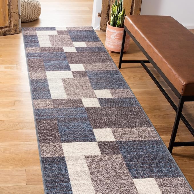 Rugshop Modern Boxes Non-Slip Living Room Kitchen Runner Rug Blue 2' x 10' | Runner, Size 2' x 10', Bedroom, Dining Room, Home Office, Entryway, Hallway, Nursery, Kids Room, Guest Room