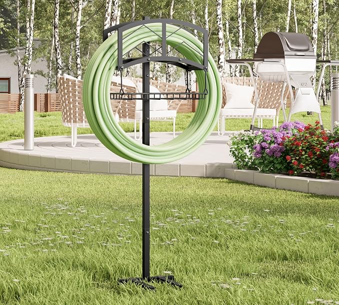 Kingson Portable Garden Hose Holder with Storage Basket - Heavy-Duty Black Steel Construction, Holds 150FT Hose, Freestanding & Detachable Design with Tools for Easy Assembly