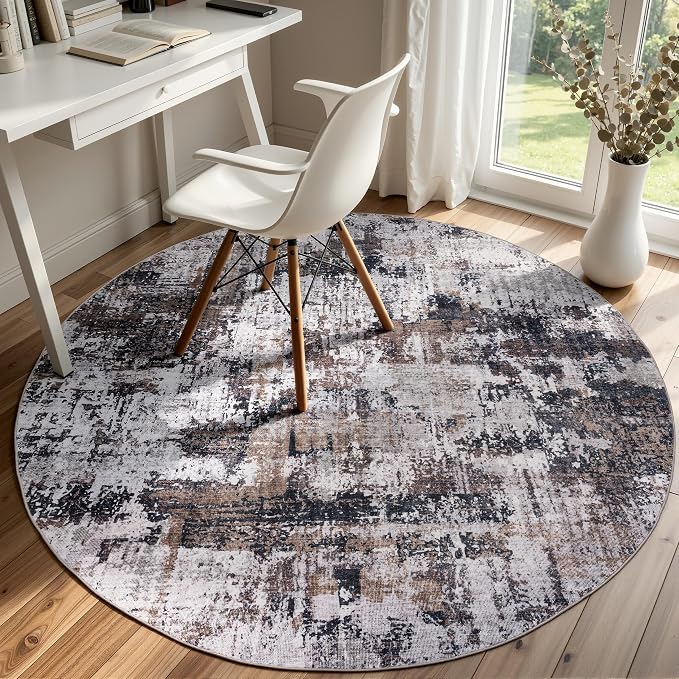 Sasttie 4ft Round Area Rug, Modern Abstract Circle Carpet, Black & Brown | Machine Washable, Ultra-Soft Faux Wool, Low Pile, Non-Slip, Lightweight, Thin, for Living Room, Bedroom, Dinning Room & Dorm