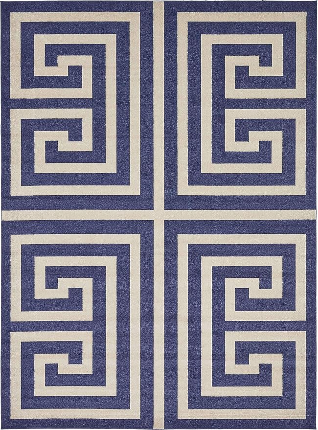 Unique Loom Athens Collection Classic Geometric Modern Border Design Area Rug (10' 0 x 13' 0 Rectangular, Navy Blue/ Beige)