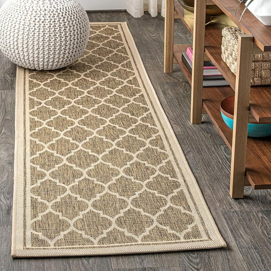 JONATHAN Y Moroccan Trellis Indoor Outdoor Runner Rug 2X10 Brown/Beige, Trebol Textured Weave for Backyard, Patio, Porch, Easy-Cleaning, High Traffic, Pet-Friendly, Non-Shedding (SMB109A-210)
